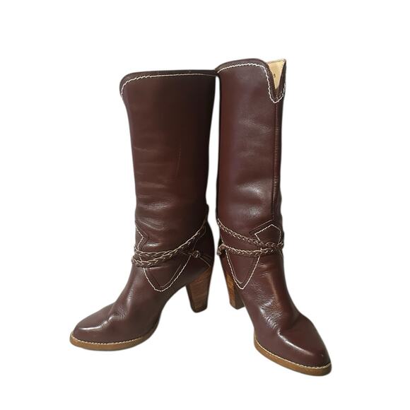 Vtg 1970s 80s Zodiac Ladies Red Leather Heeled Braided Accent Western Boots 6.5 - Picture 3 of 9